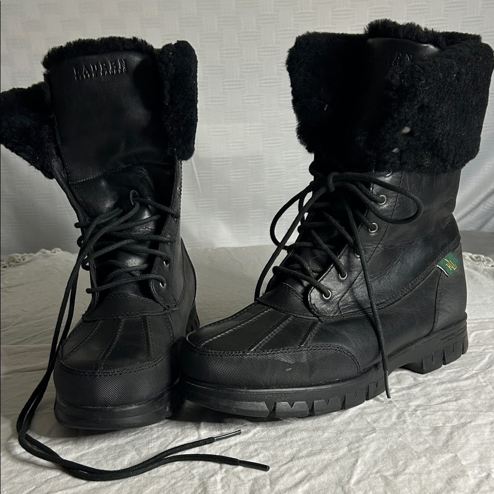 Ralph Lauren Black Lace-Up Fur Collar Women's Winter Boots
